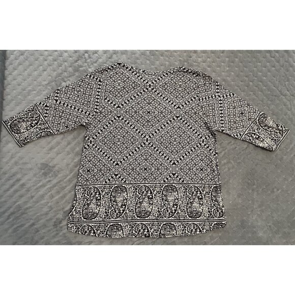 Lucky Brand Black & White Knit Shirt 2X Soft Boho 3/4 Sleeve Paisley Geometric - Picture 11 of 11